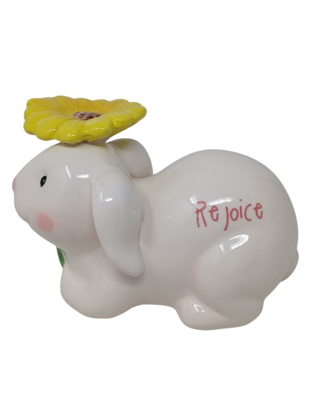 Rejoice Bunny Ceramic Figurine W/ Yellow Flower Hat Cute Decor Rabbit #S-2